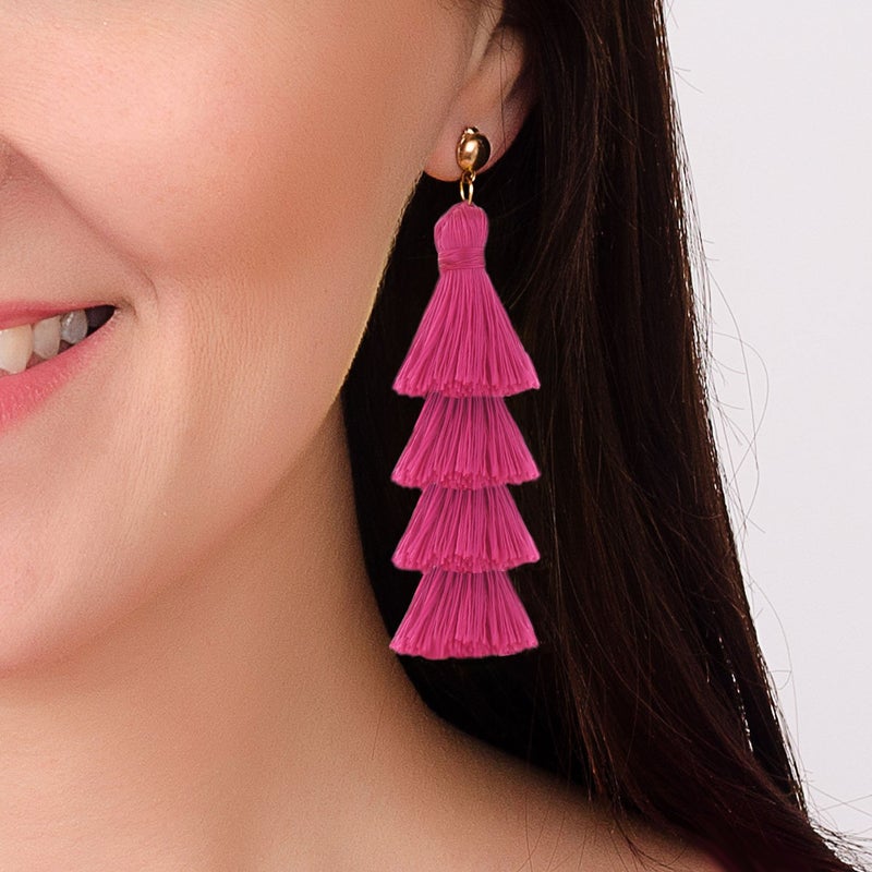 BaubleStar Fashion Tassel Dangle Earrings for Women Layered Long Bonita Tiered Thread Tassel Rose Red Drop Statement Jewelry - Image 2